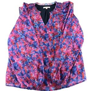 Skies Are Blue Womens XS Pink Blue Floral Metallic Stripe Ruffle V-Neck Blouse